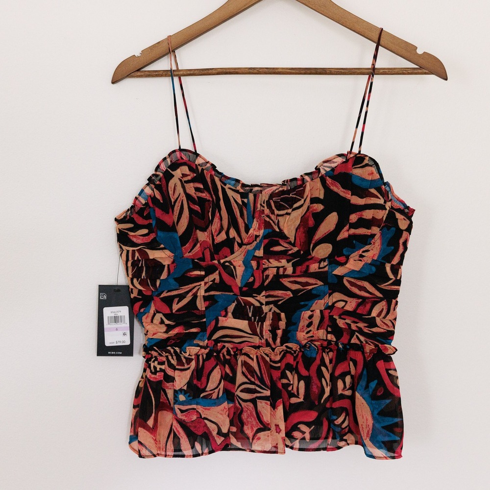 BCBG Abstract Floral Peplum Cami Top Sweetheart Neckline NWT Size 6